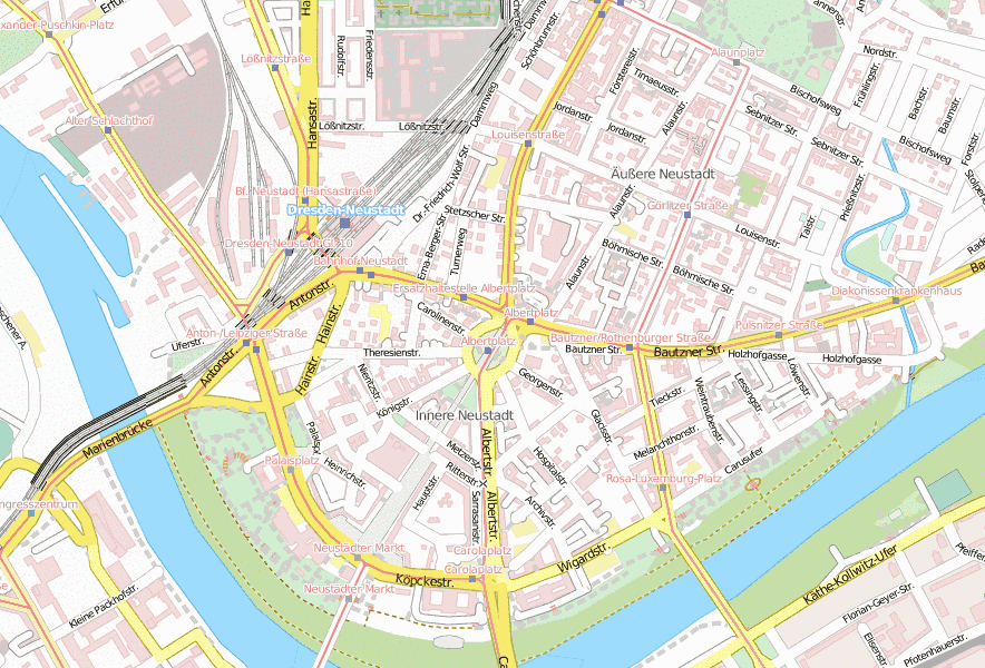 Neustadt-Stadtplan mit Luftbild und Hotels von Dresden
